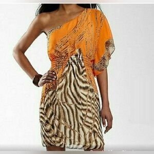 NWT Bisou Bisou Orange Tiger Stripe Print One Shoulder Mini Dress Size 4 Party‎